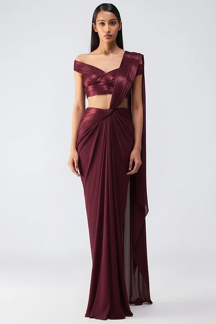 Oxblood Chiffon Pre-Draped Reception Saree Set by Amit Aggarwal at Pernia's Pop Up Shop