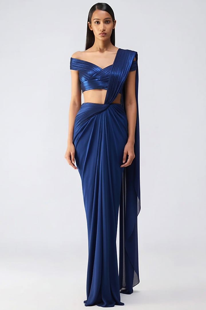 Cosmos Blue Chiffon Pre-Draped Reception Saree Set by Amit Aggarwal at Pernia's Pop Up Shop