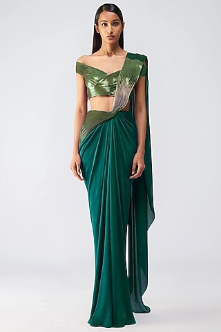 Emerald Chiffon Pre-Draped Saree Set by Amit Aggarwal