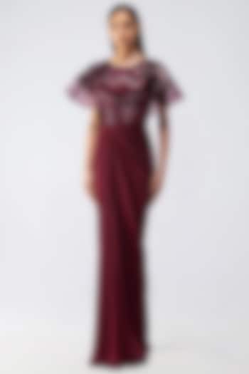 Oxblood Satin Chiffon & Butterfly Net Wedding Gown by Amit Aggarwal at Pernia's Pop Up Shop