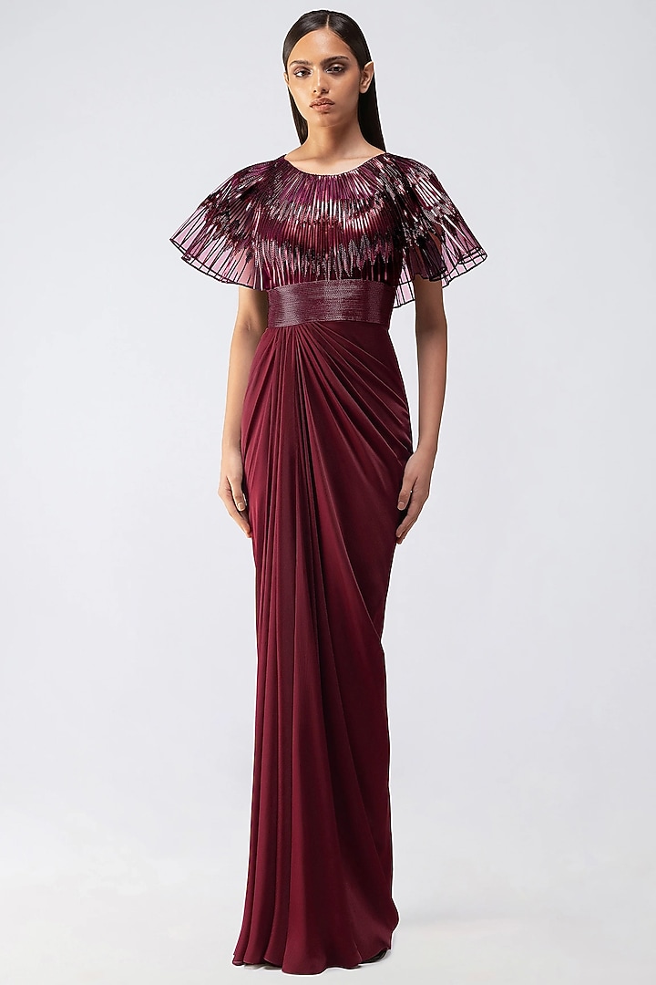 Oxblood Satin Chiffon & Butterfly Net Wedding Gown by Amit Aggarwal at Pernia's Pop Up Shop