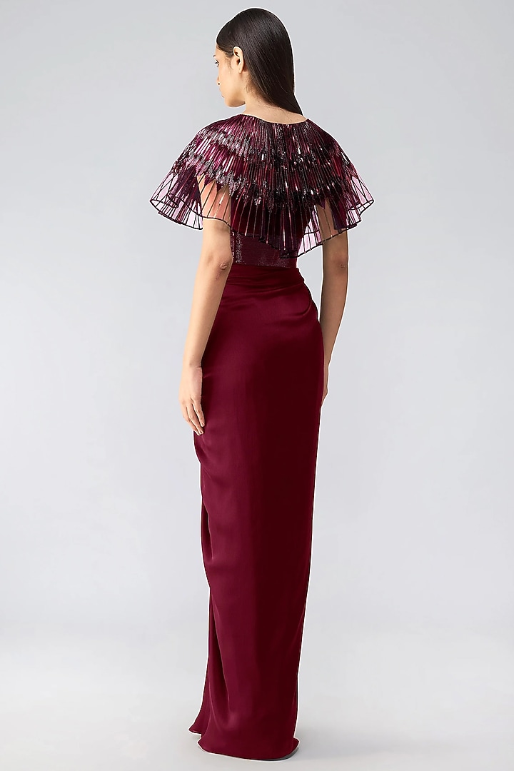 Oxblood Satin Chiffon & Butterfly Net Wedding Gown by Amit Aggarwal at Pernia's Pop Up Shop