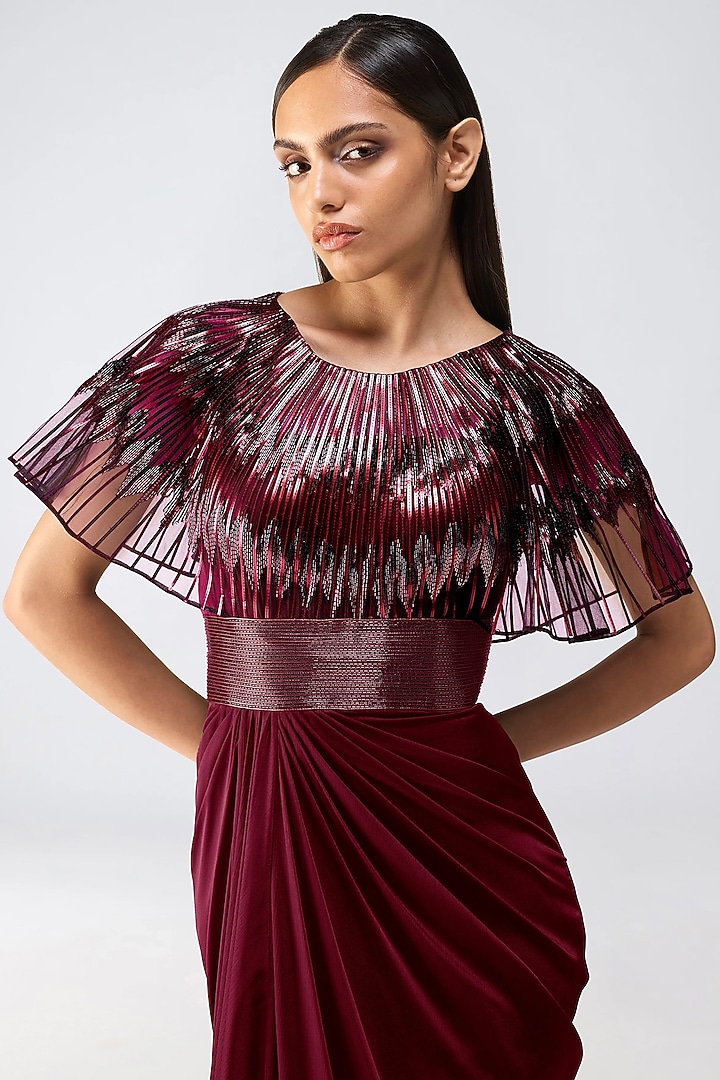 Oxblood Satin Chiffon & Butterfly Net Wedding Gown by Amit Aggarwal at Pernia's Pop Up Shop