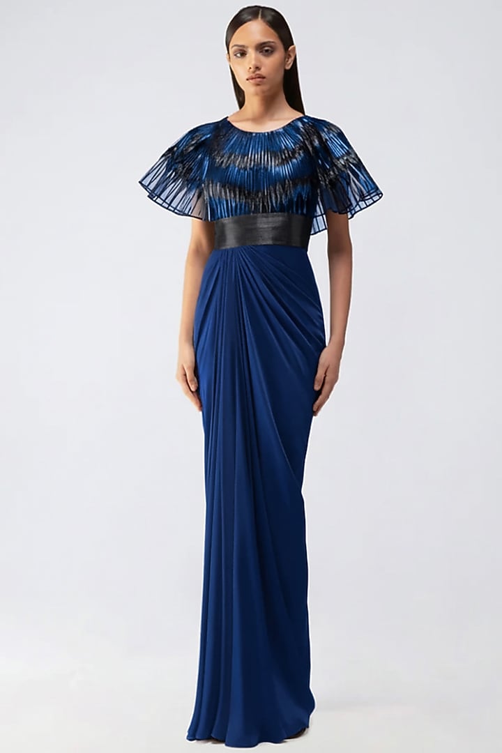 Cosmos Blue Butterfly Net & Satin Chiffon Wedding Gown by Amit Aggarwal at Pernia's Pop Up Shop