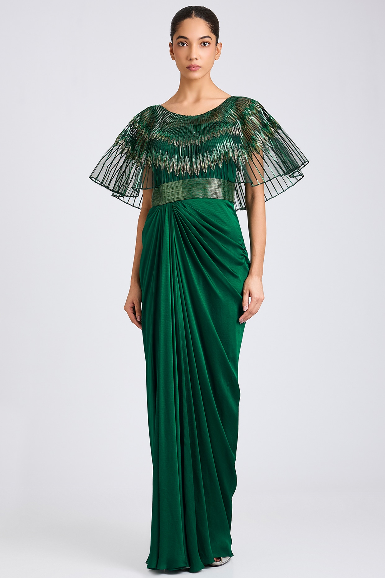 Amit Aggarwal Emerald Green Butterfly Net & Satin Chiffon Gown