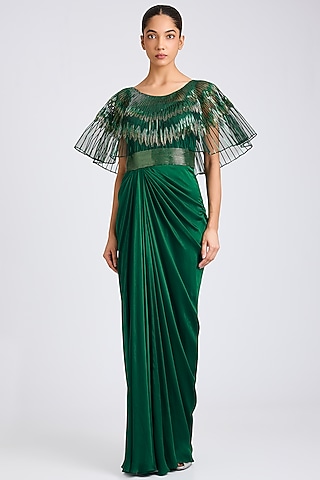 Emerald Green Butterfly Net & Satin Chiffon Gown by Amit Aggarwal