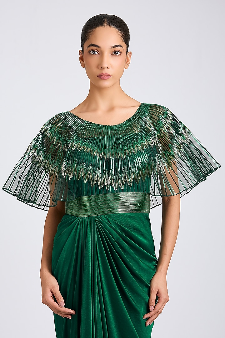 Emerald Green Butterfly Net & Satin Chiffon Wedding Gown by Amit Aggarwal at Pernia's Pop Up Shop