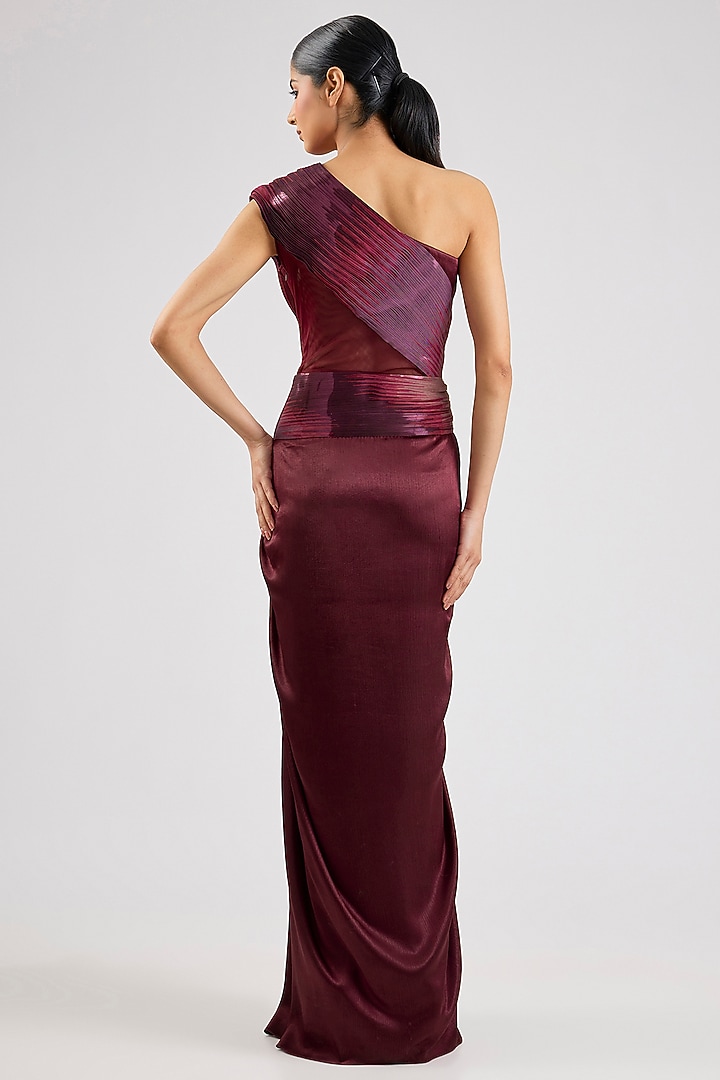 Oxblood Micro Pleating Polymer Wedding Gown by Amit Aggarwal at Pernia's Pop Up Shop