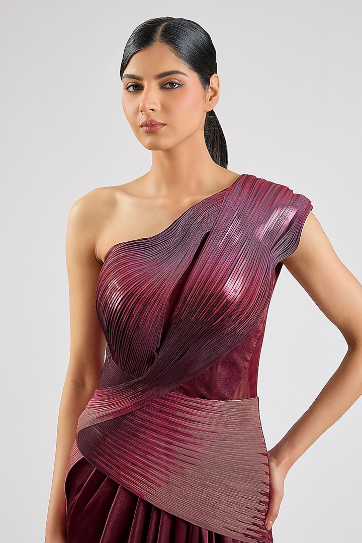 Oxblood Micro Pleating Polymer Wedding Gown by Amit Aggarwal at Pernia's Pop Up Shop