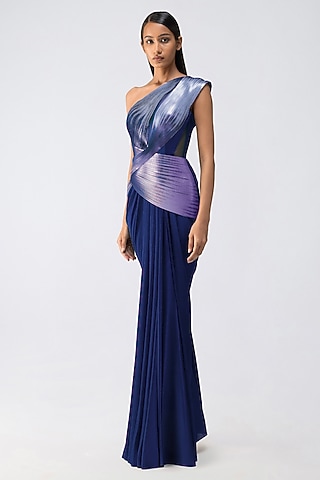 Cosmo Metallic Satin Chiffon Micro Pleated Gown by Amit Aggarwal