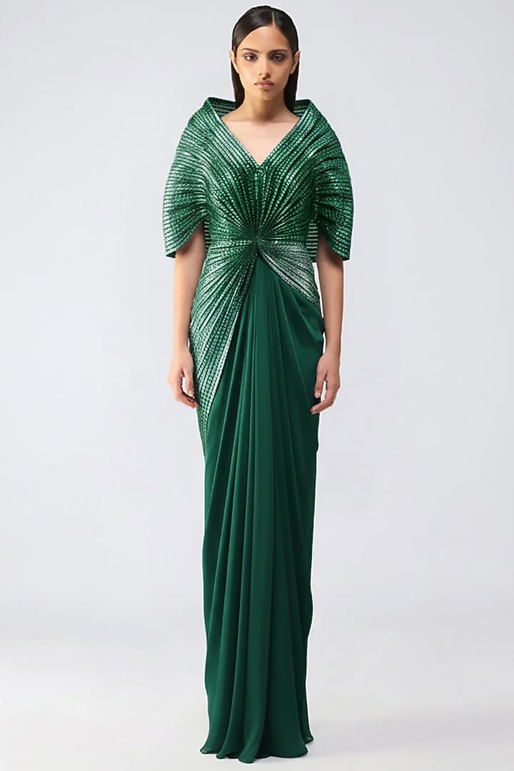 Emerald Satin Chiffon Metallic Ombre Wedding Gown by Amit Aggarwal at Pernia's Pop Up Shop