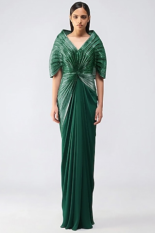 Emerald Satin Chiffon Metallic Ombre Gown by Amit Aggarwal