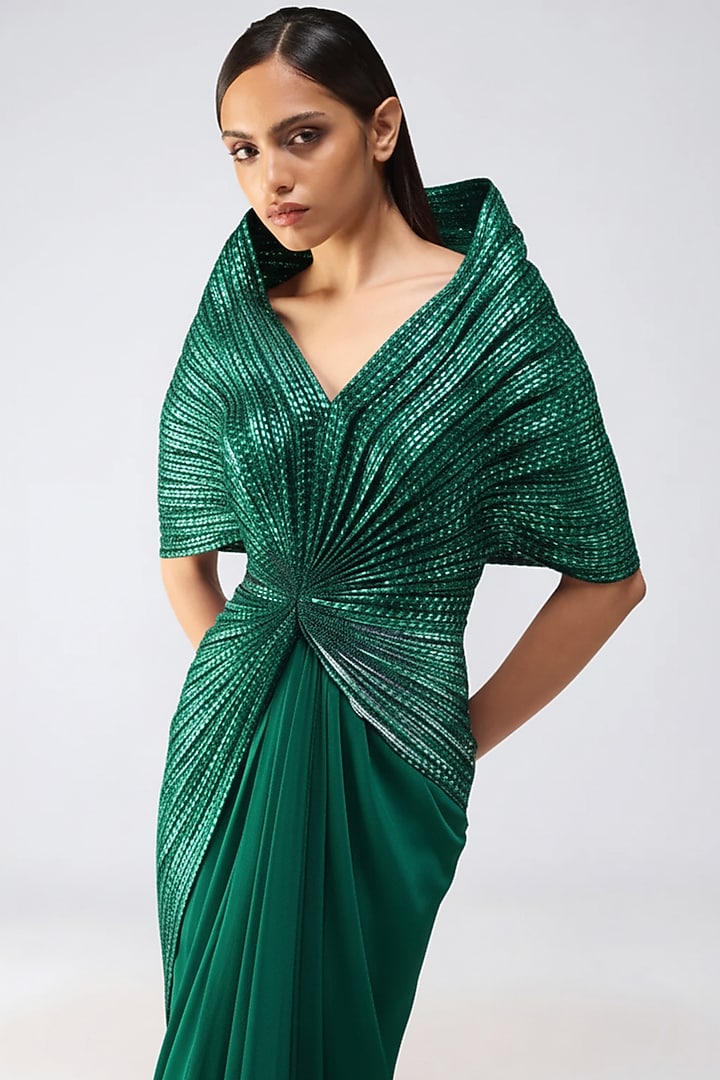 Emerald Satin Chiffon Metallic Ombre Wedding Gown by Amit Aggarwal at Pernia's Pop Up Shop