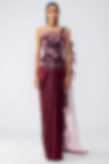 Oxblood Butterfly Net & Satin Chiffon Embroidered Bridal Gown Saree by Amit Aggarwal at Pernia's Pop Up Shop