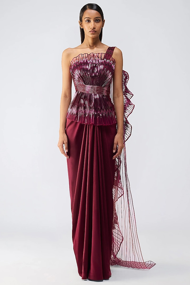 Oxblood Butterfly Net & Satin Chiffon Embroidered Bridal Gown Saree by Amit Aggarwal at Pernia's Pop Up Shop