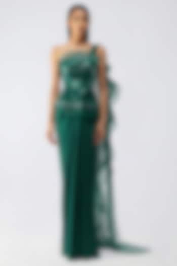 Emerald Satin Chiffon Embroidered Bridal Gown Saree by Amit Aggarwal at Pernia's Pop Up Shop