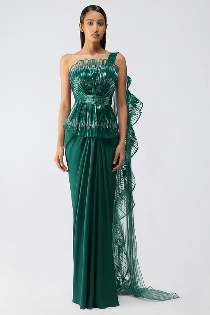 Emerald Satin Chiffon Embroidered Bridal Gown Saree by Amit Aggarwal at Pernia's Pop Up Shop