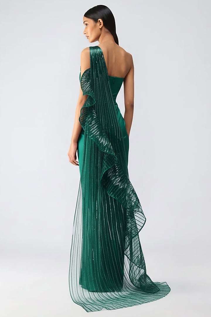 Emerald Satin Chiffon Embroidered Reception Gown Saree by Amit Aggarwal at Pernia's Pop Up Shop