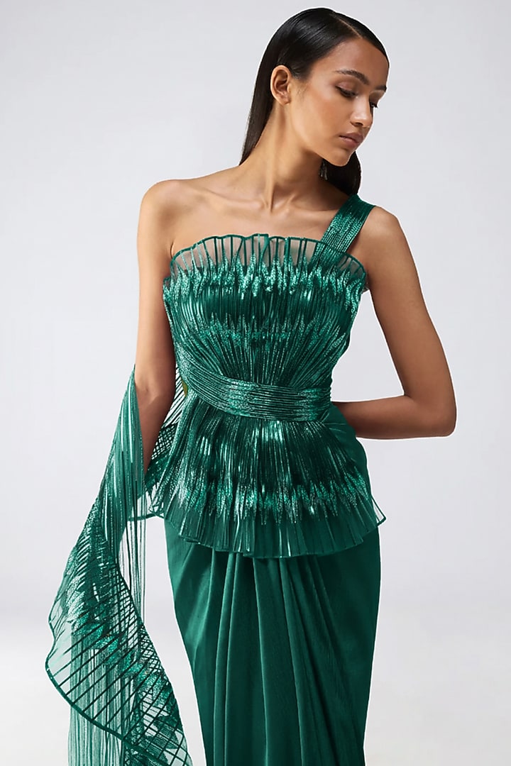 Emerald Satin Chiffon Embroidered Reception Gown Saree by Amit Aggarwal at Pernia's Pop Up Shop