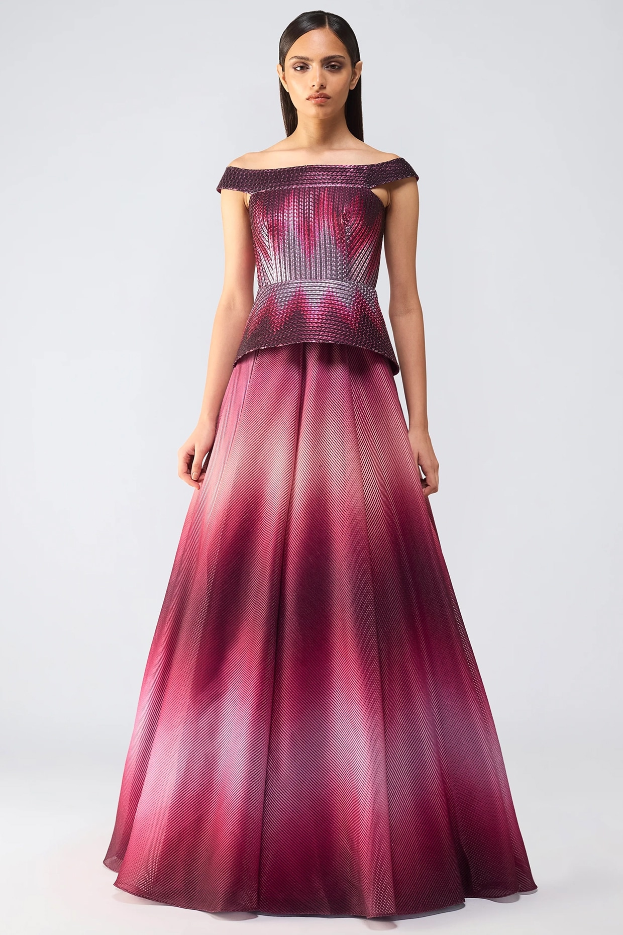 Amit Aggarwal Oxblood Metallic Glitch Flared Gown