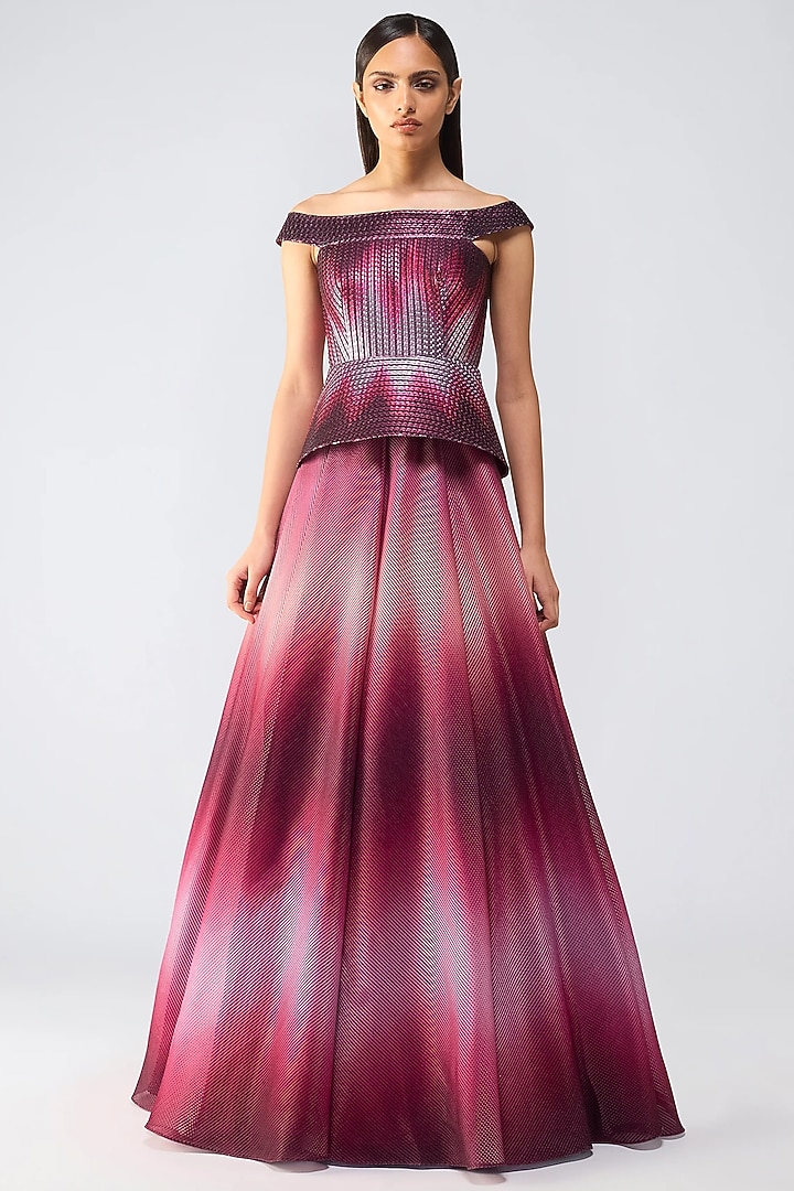 Oxblood Metallic Glitch Flared Bridal Gown by Amit Aggarwal at Pernia's Pop Up Shop
