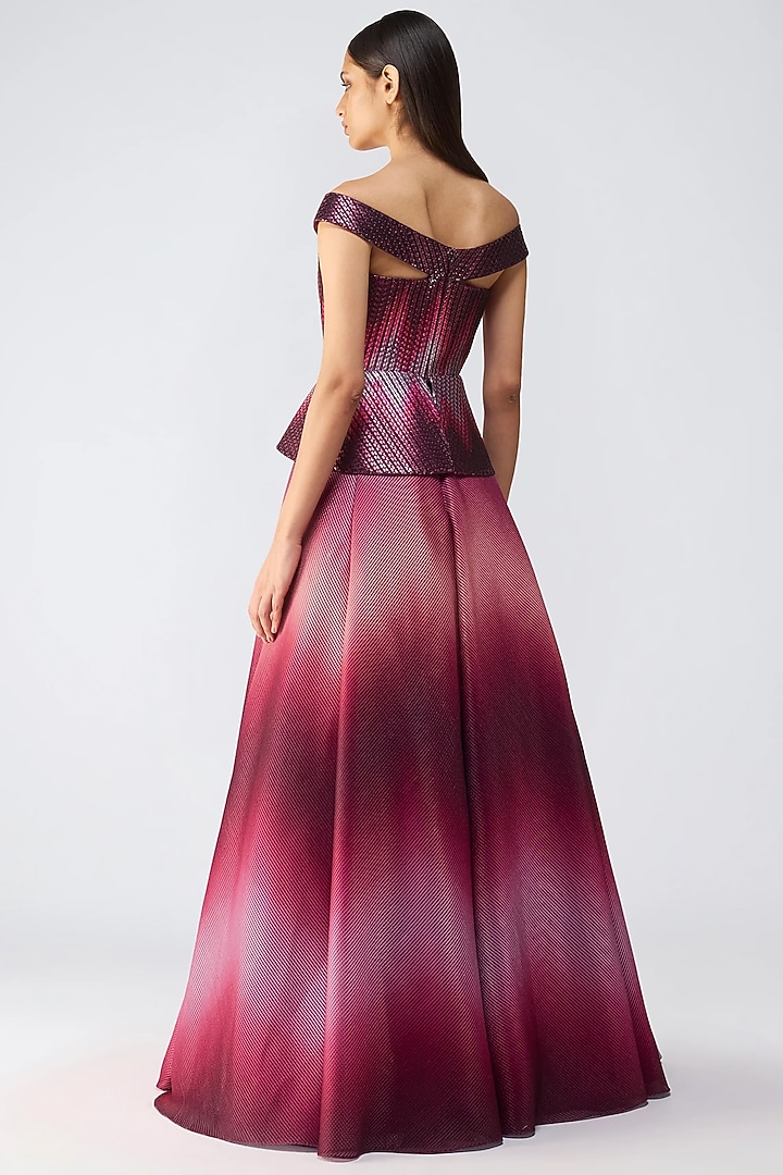 Oxblood Metallic Glitch Flared Bridal Gown by Amit Aggarwal at Pernia's Pop Up Shop