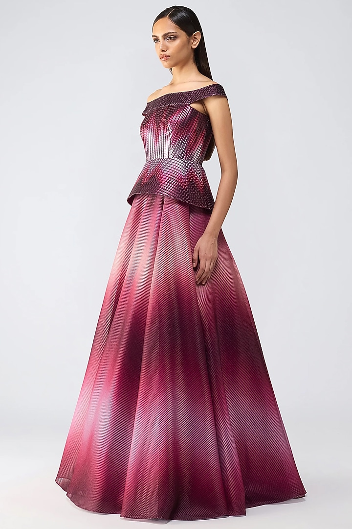 Oxblood Metallic Glitch Flared Bridal Gown by Amit Aggarwal at Pernia's Pop Up Shop