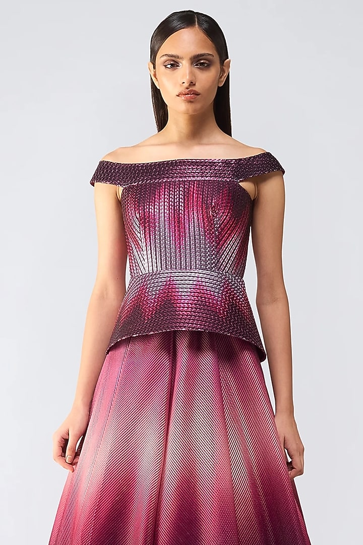 Oxblood Metallic Glitch Flared Bridal Gown by Amit Aggarwal at Pernia's Pop Up Shop