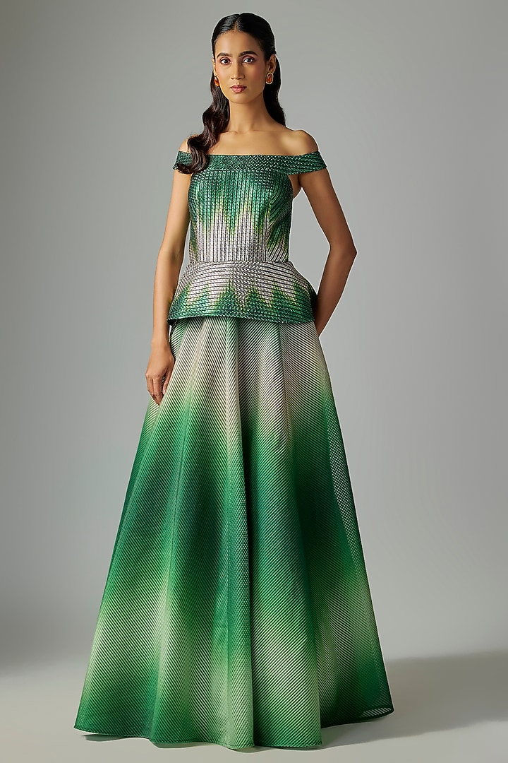 Emerald Regina & Butterfly Net Ombre Metallic Flared Bridal Gown by Amit Aggarwal at Pernia's Pop Up Shop