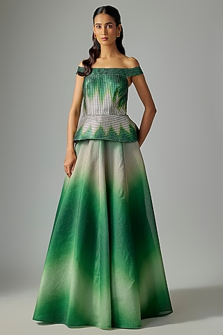 Emerald Regina & Butterfly Net Ombre Metallic Flared Gown by Amit Aggarwal