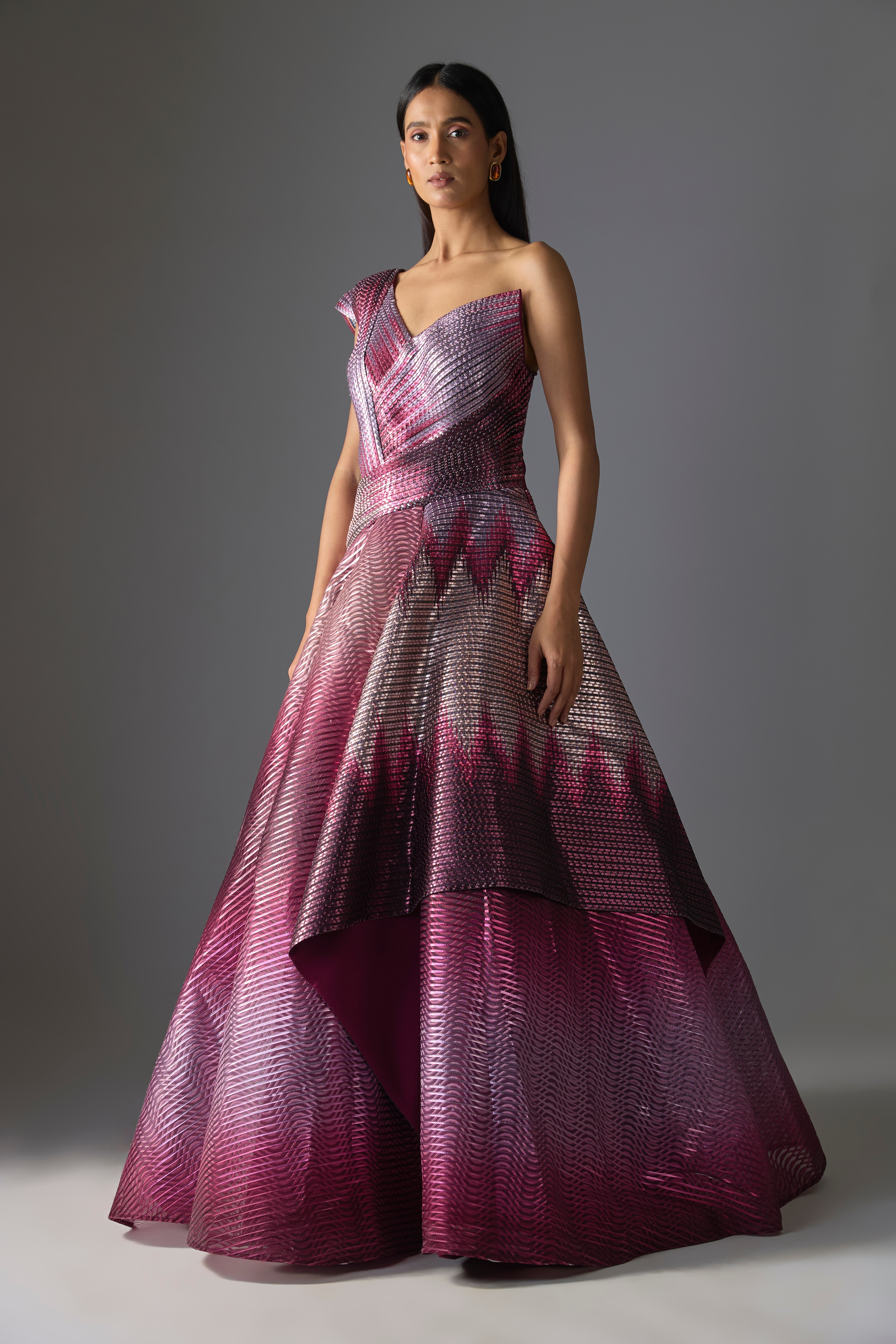 Amit Aggarwal Oxblood Metallic Butterfly Net Ombre Gown