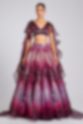 Oxblood Tulle Fluted Bridal Lehenga Set  by Amit Aggarwal at Pernia's Pop Up Shop