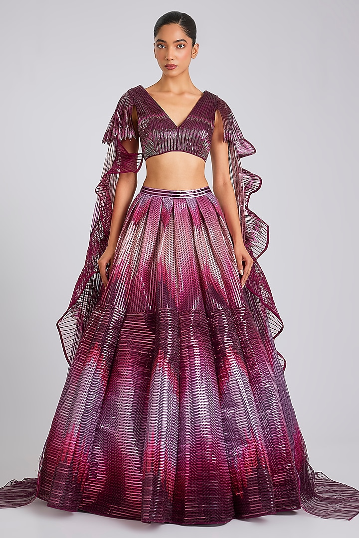 Oxblood Tulle Fluted Bridal Lehenga Set  by Amit Aggarwal at Pernia's Pop Up Shop