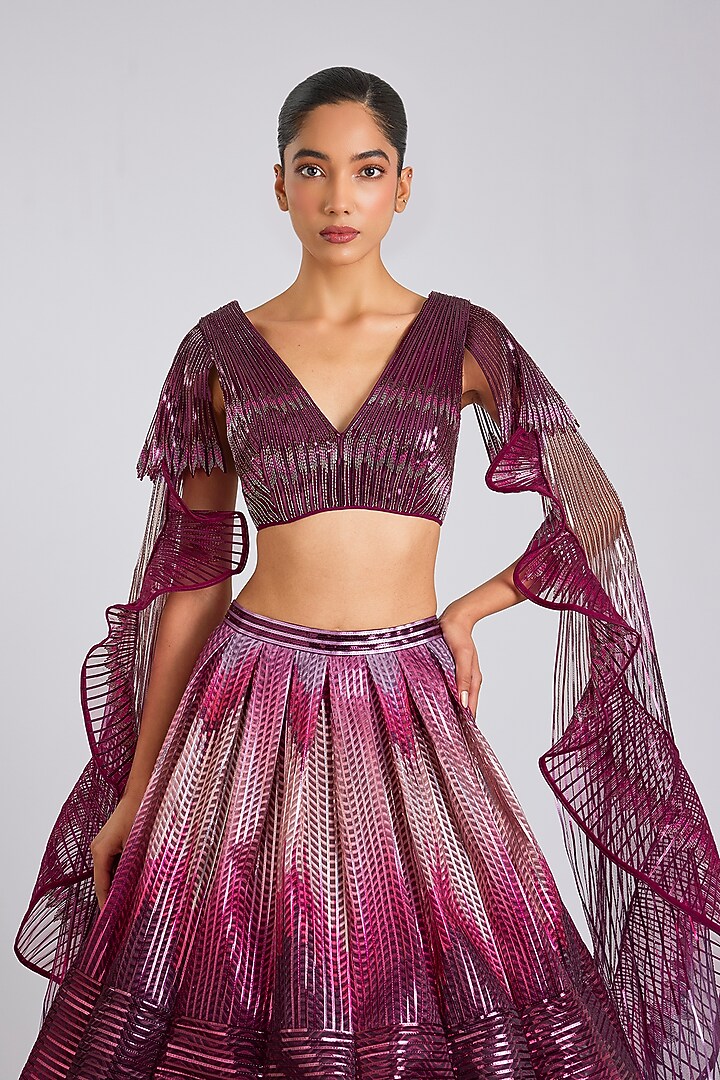 Oxblood Tulle Fluted Bridal Lehenga Set by Amit Aggarwal at Pernia's Pop Up Shop