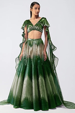 Emerlad Metallic Glitch Tulle Ombre Lehenga Set by Amit Aggarwal
