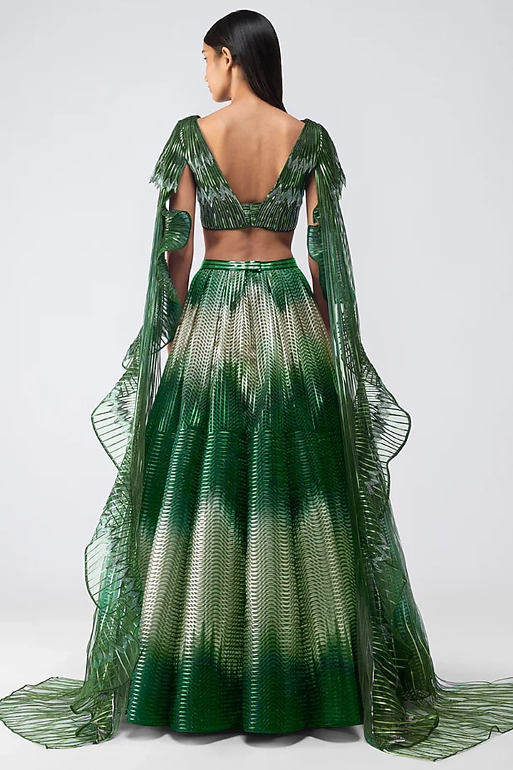 Emerlad Metallic Glitch Tulle Ombre Bridal Lehenga Set by Amit Aggarwal at Pernia's Pop Up Shop