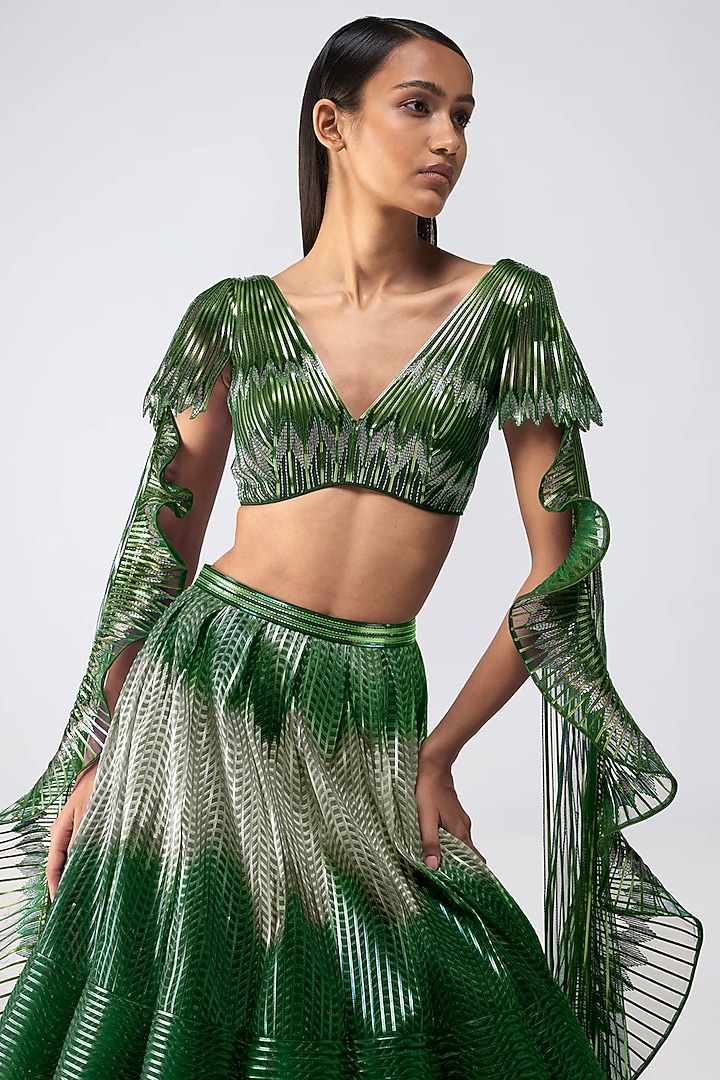 Emerlad Metallic Glitch Tulle Ombre Bridal Lehenga Set by Amit Aggarwal at Pernia's Pop Up Shop