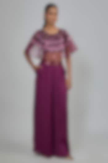 Oxblood Butterfly Net & Satin Chiffon Co-Ord Set by Amit Aggarwal at Pernia's Pop Up Shop