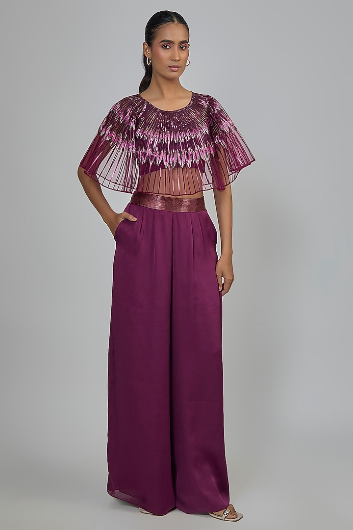 Oxblood Butterfly Net & Satin Chiffon Co-Ord Set by Amit Aggarwal at Pernia's Pop Up Shop