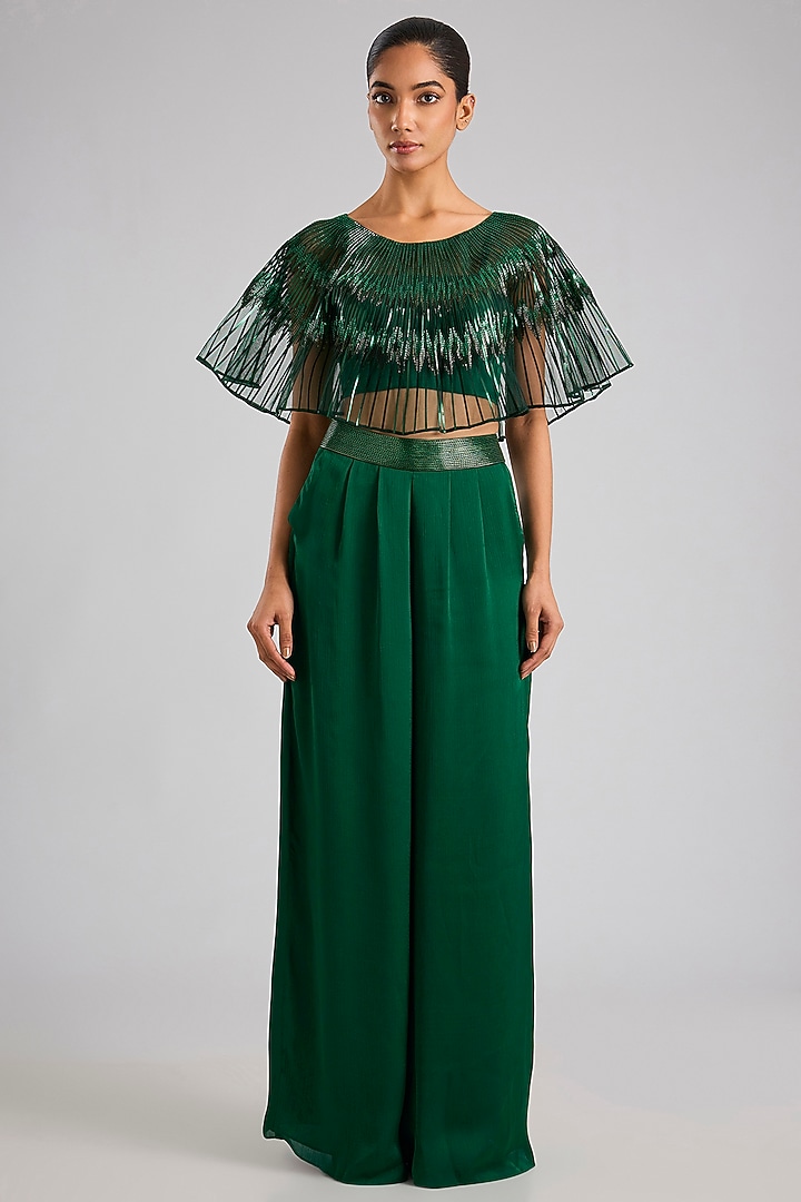 Emerald Green Satin Chiffon Co-Ord Set by Amit Aggarwal at Pernia's Pop Up Shop