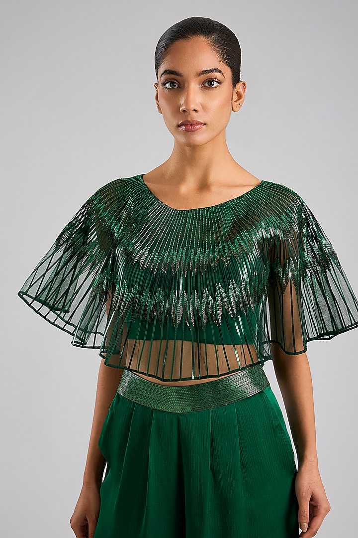 Emerald Green Satin Chiffon Co-Ord Set by Amit Aggarwal at Pernia's Pop Up Shop