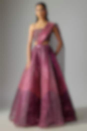 Oxblood Ombre Tulle Metallic Fluted Bridal Lehenga Set  by Amit Aggarwal at Pernia's Pop Up Shop