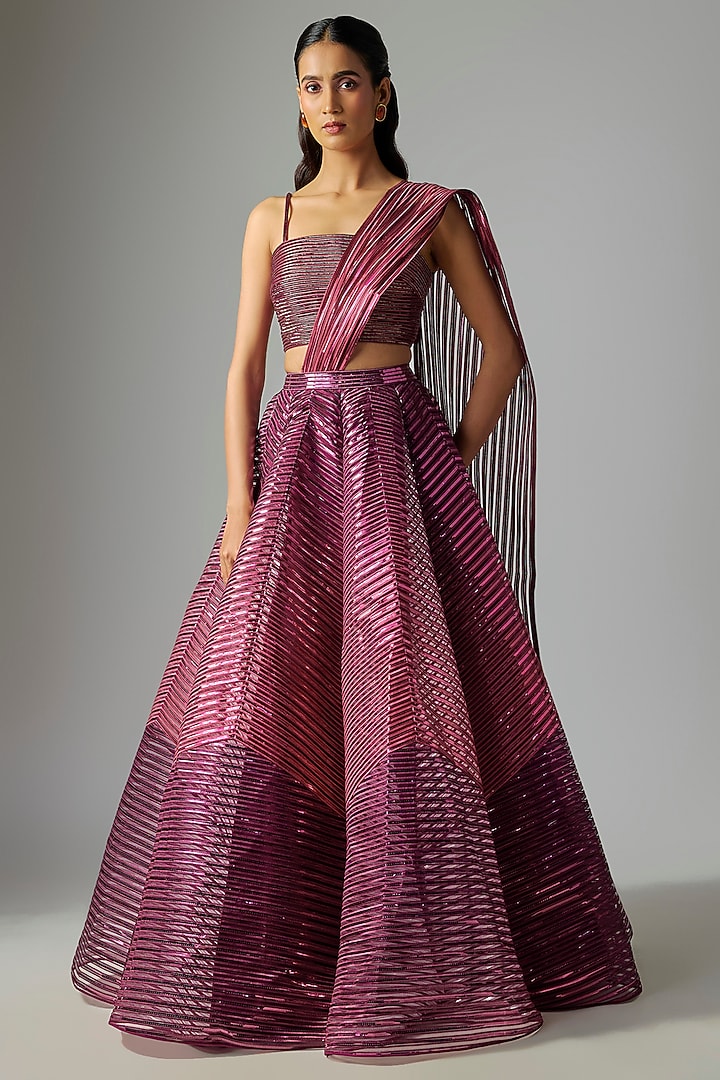 Oxblood Ombre Tulle Metallic Fluted Bridal Lehenga Set  by Amit Aggarwal at Pernia's Pop Up Shop