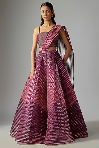 Oxblood Ombre Tulle Metallic Fluted Lehenga Set  by Amit Aggarwal