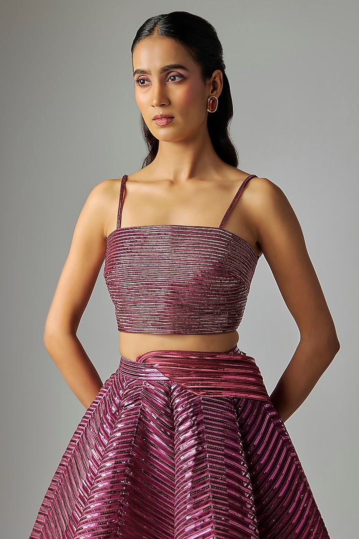 Oxblood Ombre Tulle Metallic Fluted Bridal Lehenga Set by Amit Aggarwal at Pernia's Pop Up Shop