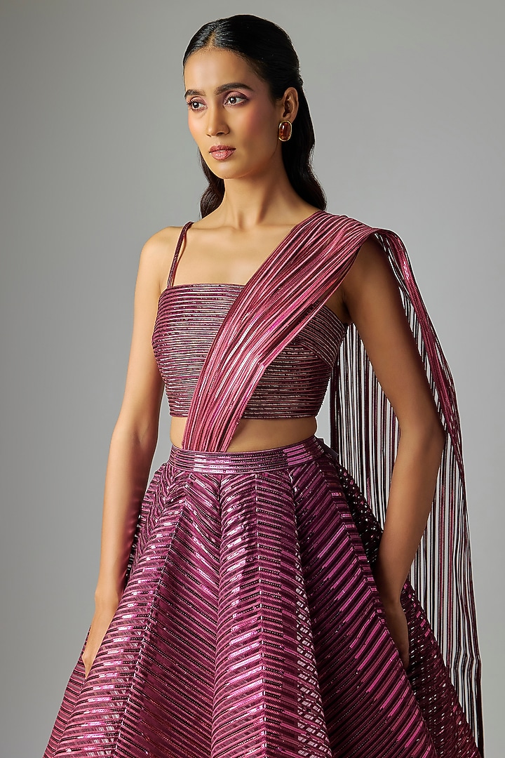 Oxblood Ombre Tulle Metallic Fluted Bridal Lehenga Set by Amit Aggarwal at Pernia's Pop Up Shop