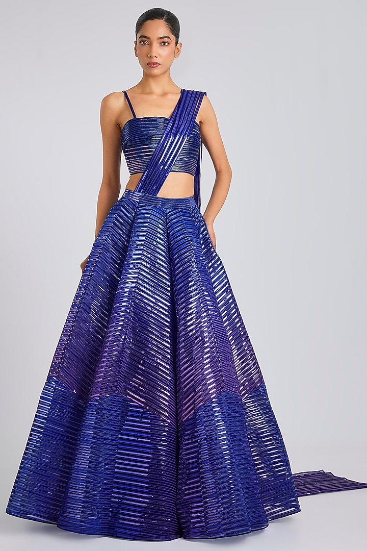 Cosmos Ombre Tulle Metallic Fluted Bridal Lehenga Set  by Amit Aggarwal at Pernia's Pop Up Shop