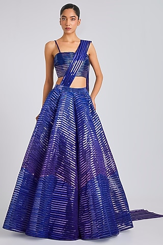 Cosmos Ombre Tulle Metallic Fluted Lehenga Set  by Amit Aggarwal