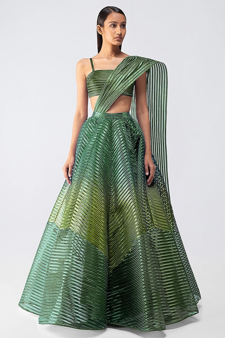 Emerald Metallic Tulle Skirt Set by Amit Aggarwal at Pernia's Pop Up Shop