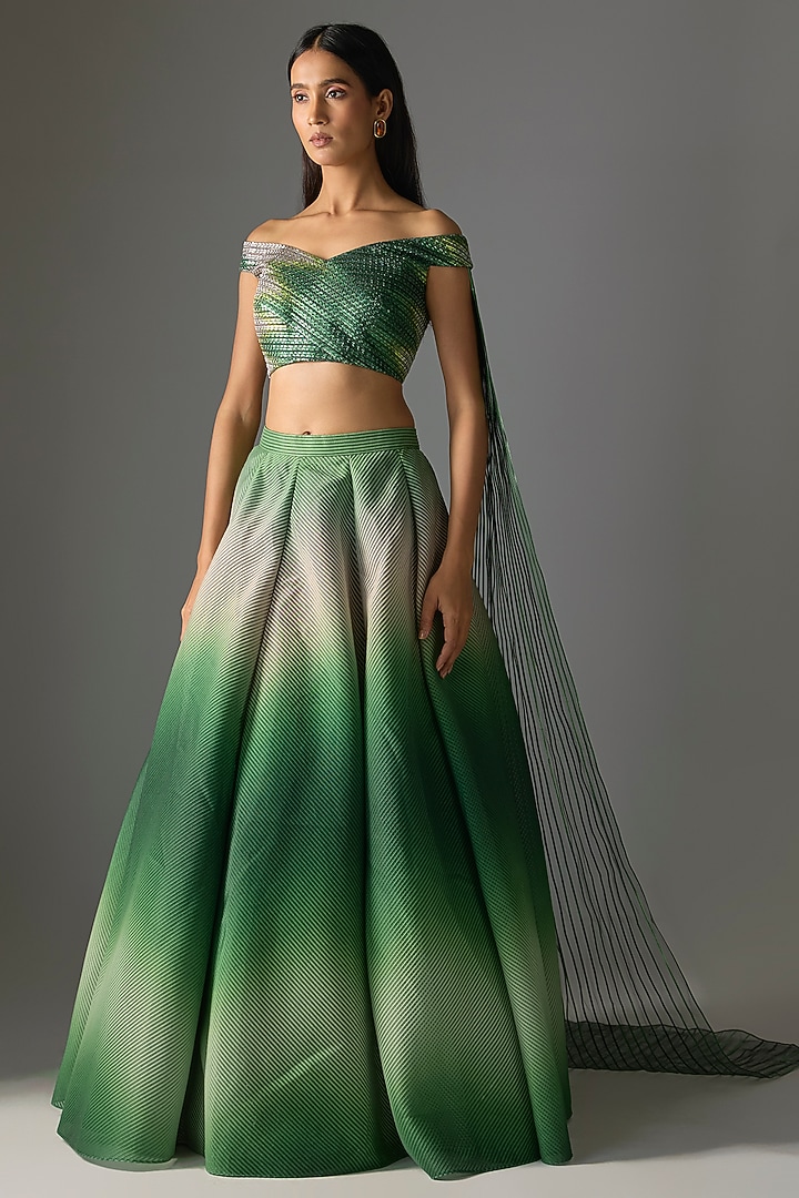 Emerald Green Butterfly Net Ombre Skirt Set by Amit Aggarwal at Pernia's Pop Up Shop